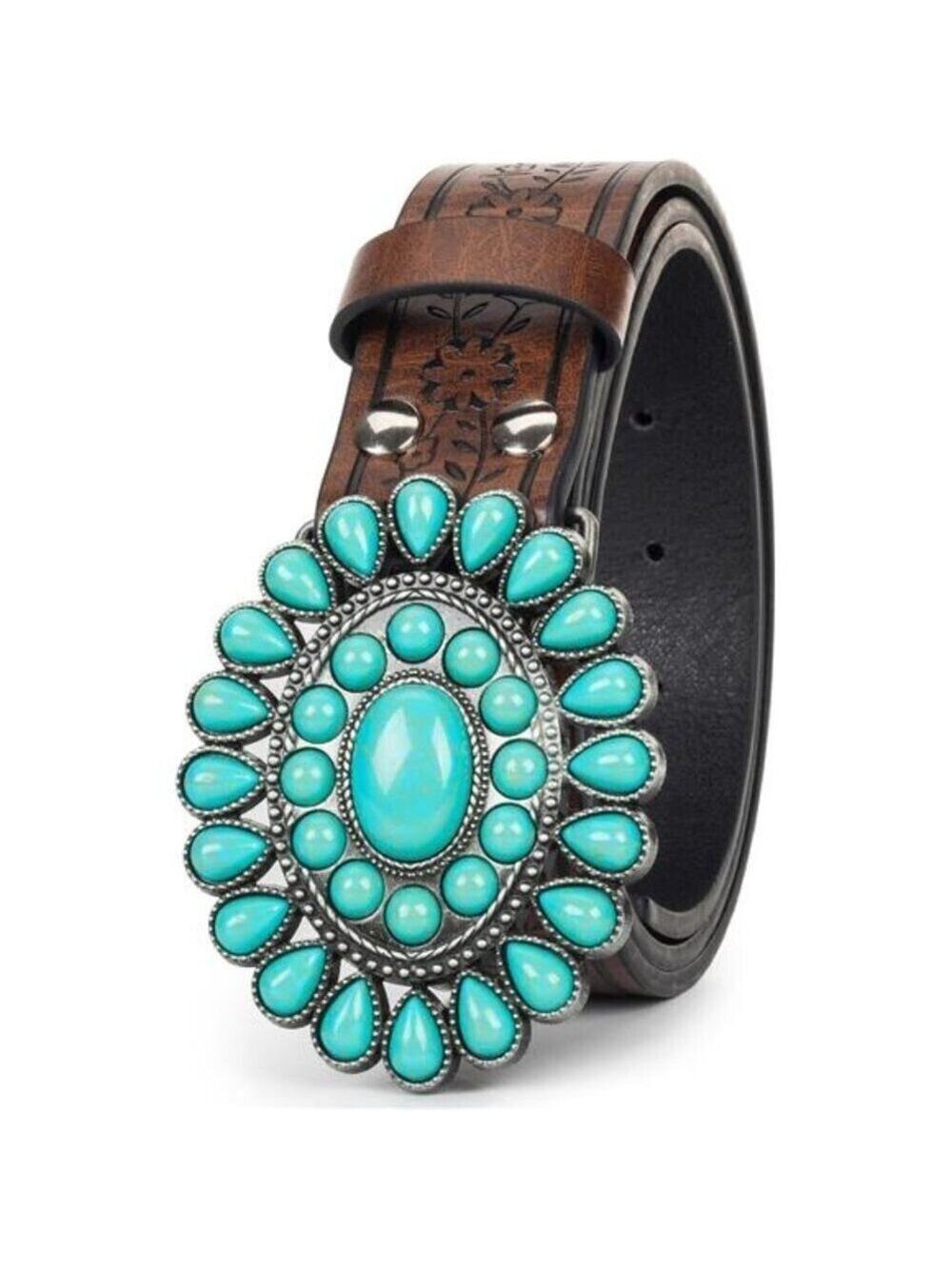Western Turquoise Belt Embossed PU Leather Cowgirl Belt